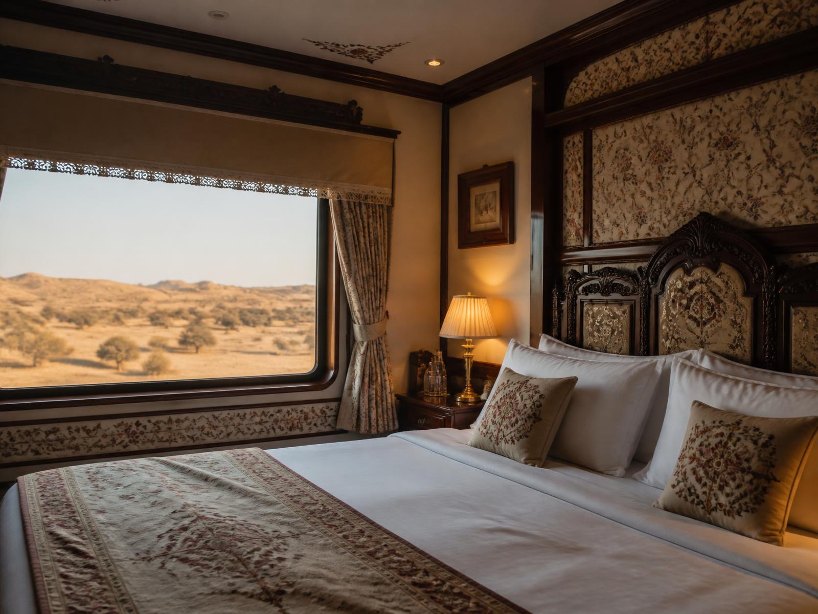 A private suite aboard an Indian luxury train with a carved headboard, embroidered fabrics, warm lamplight and a large window filled with golden desert landscape