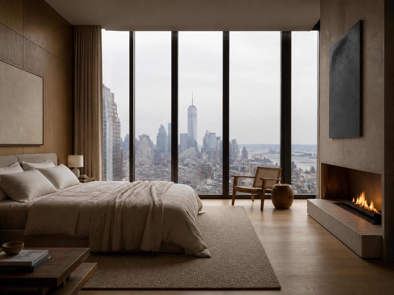Minimalist Manhattan suite with oak walls, linen bedding, a lit stone fireplace and floor-to-ceiling bronze-framed windows over the winter city