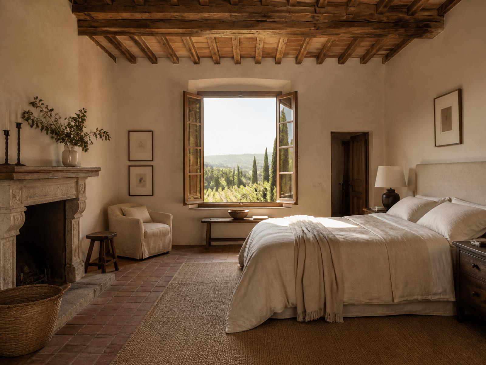 Tuscan farmhouse bedroom with oak beams, terracotta floor, linen bedding, an antique stone fireplace and open shutters framing vineyards