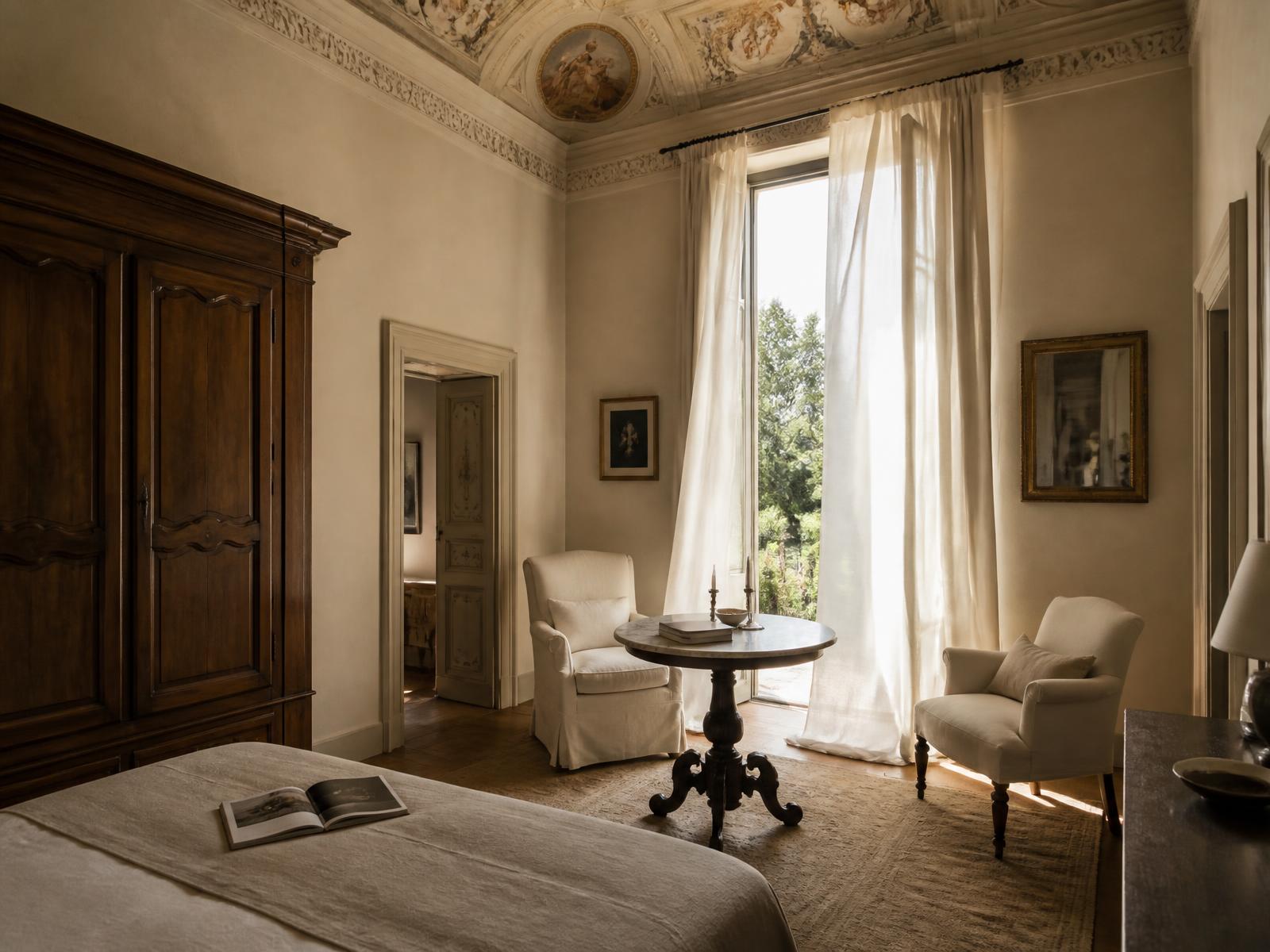 A Florentine palazzo room with a frescoed ceiling, antique walnut wardrobe, linen curtains at a tall window and warm morning light on an oak floor