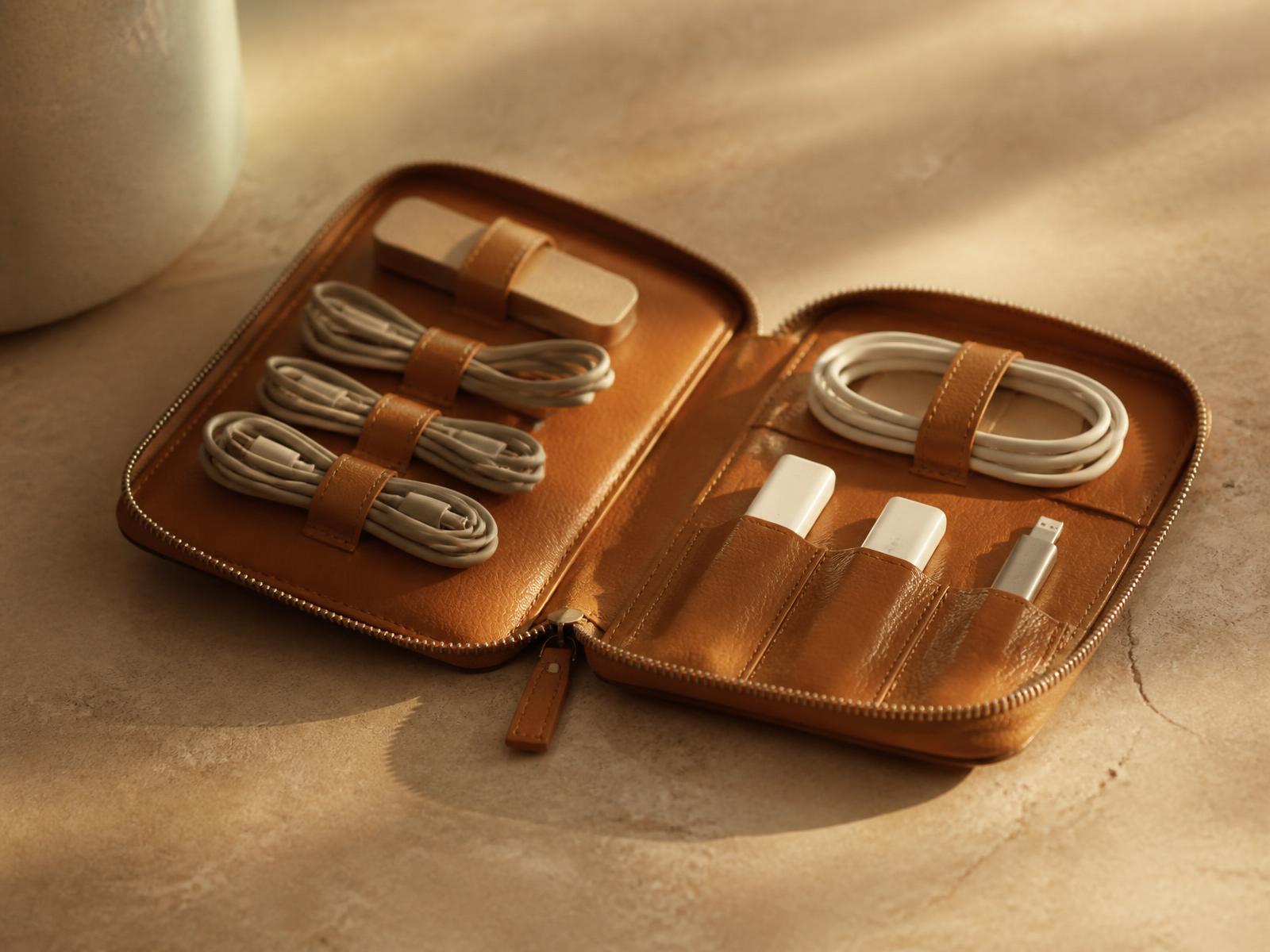 Minimal travel objects arranged on a travertine surface in raking light