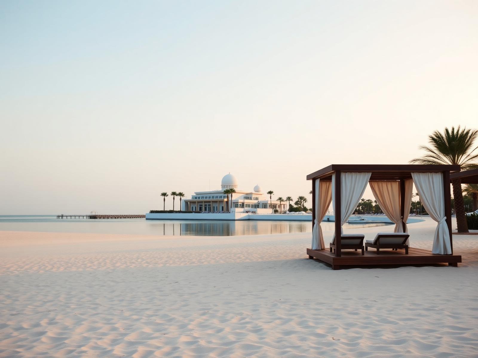 Empty white cabana on a pale sand peninsula beach at golden hour with calm Gulf water