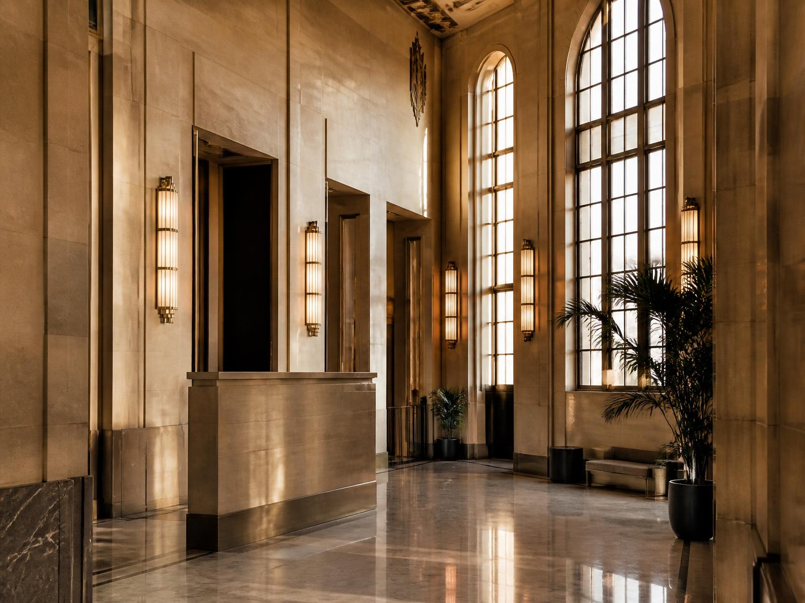 Sandstone art deco hall with tall arched windows and marble floors in warm afternoon light
