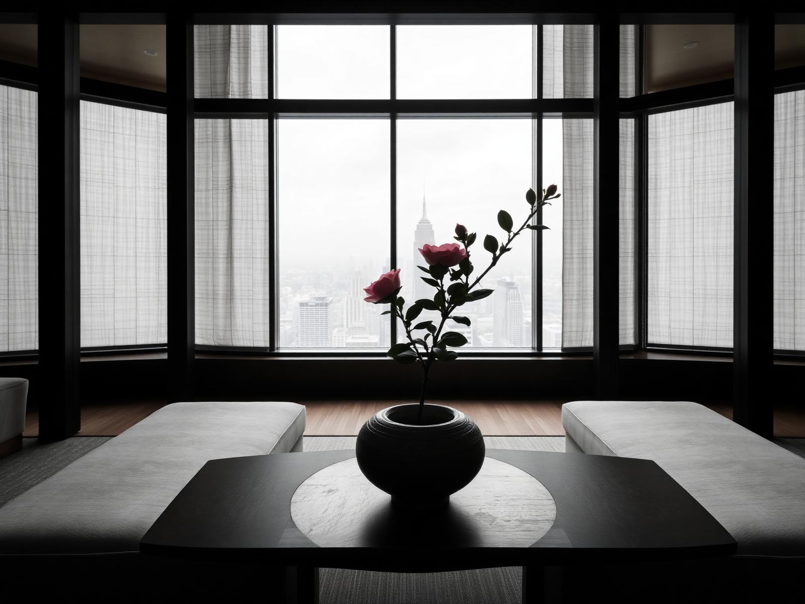 Serene Japanese-modern hotel lounge with washi walls, dark timber and a single camellia branch above the city
