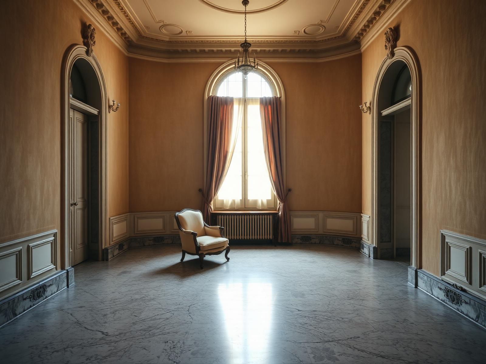 Empty Venetian palazzo salon with faded gilded stucco and a tall arched window in soft canal light