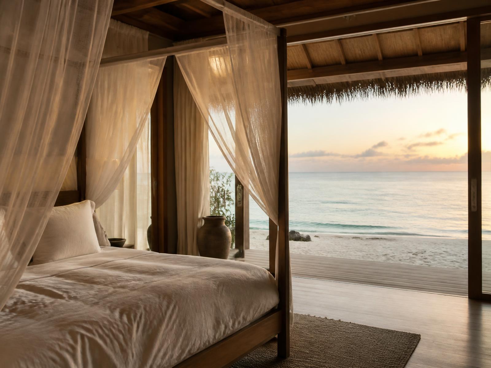 Maldivian villa bedroom at sunrise with a timber four-poster bed, white linen, sheer curtains lifting and open doors onto white sand and a turquoise lagoon