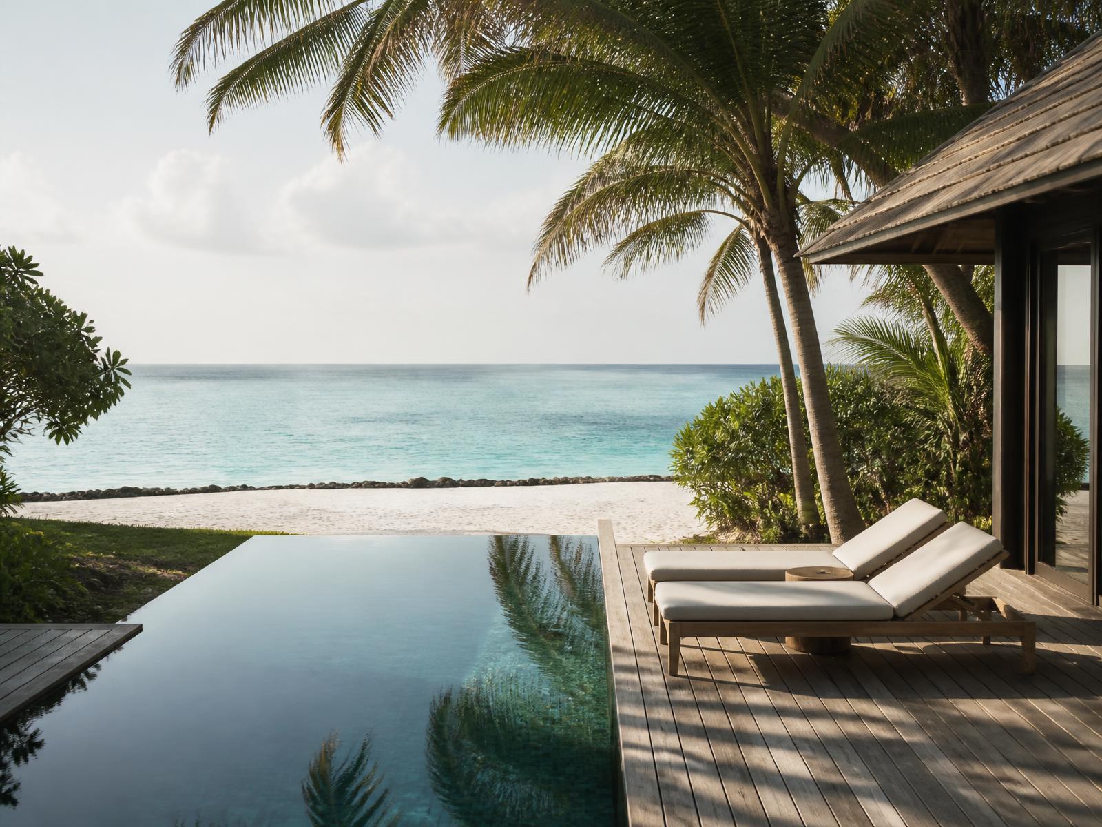Private villa pool on a timber deck with palm shadows, two linen loungers and a turquoise lagoon beyond