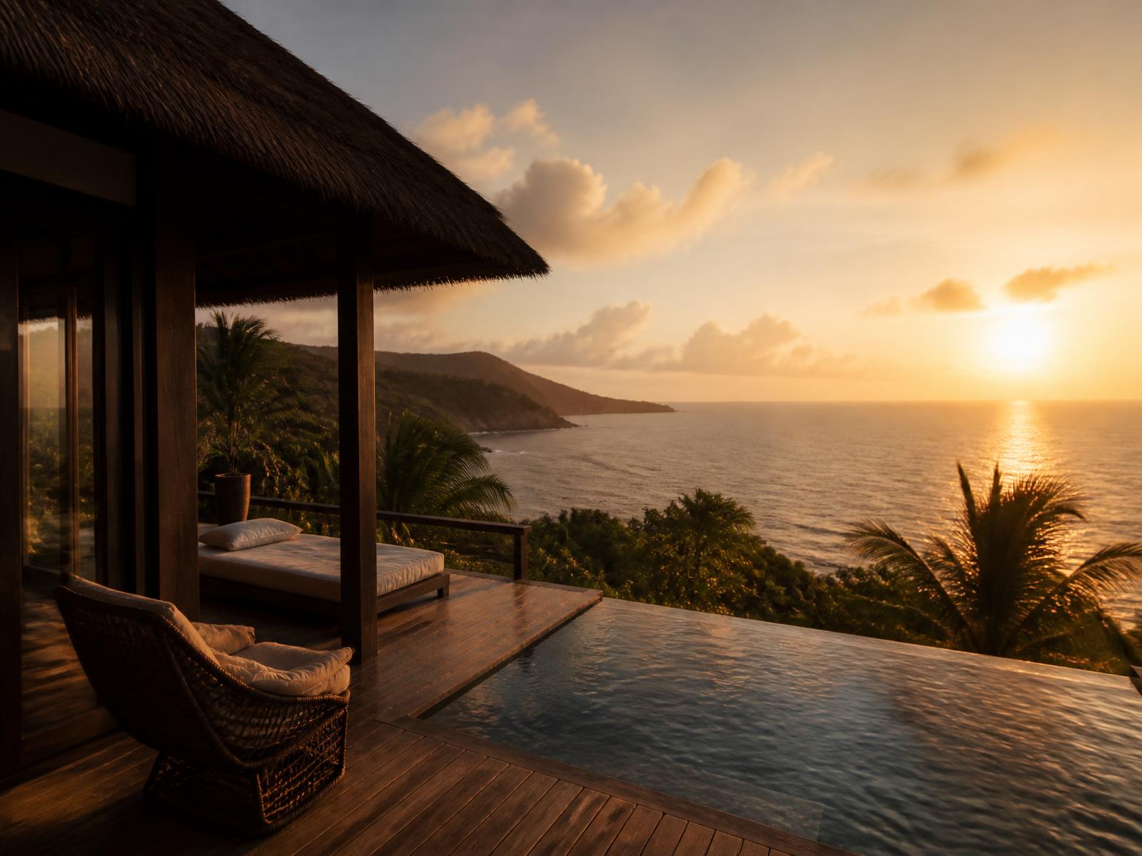 Private timber sundeck of a thatched Sumba villa in late afternoon with a small infinity pool spilling toward a wild ocean bay and golden sunset light