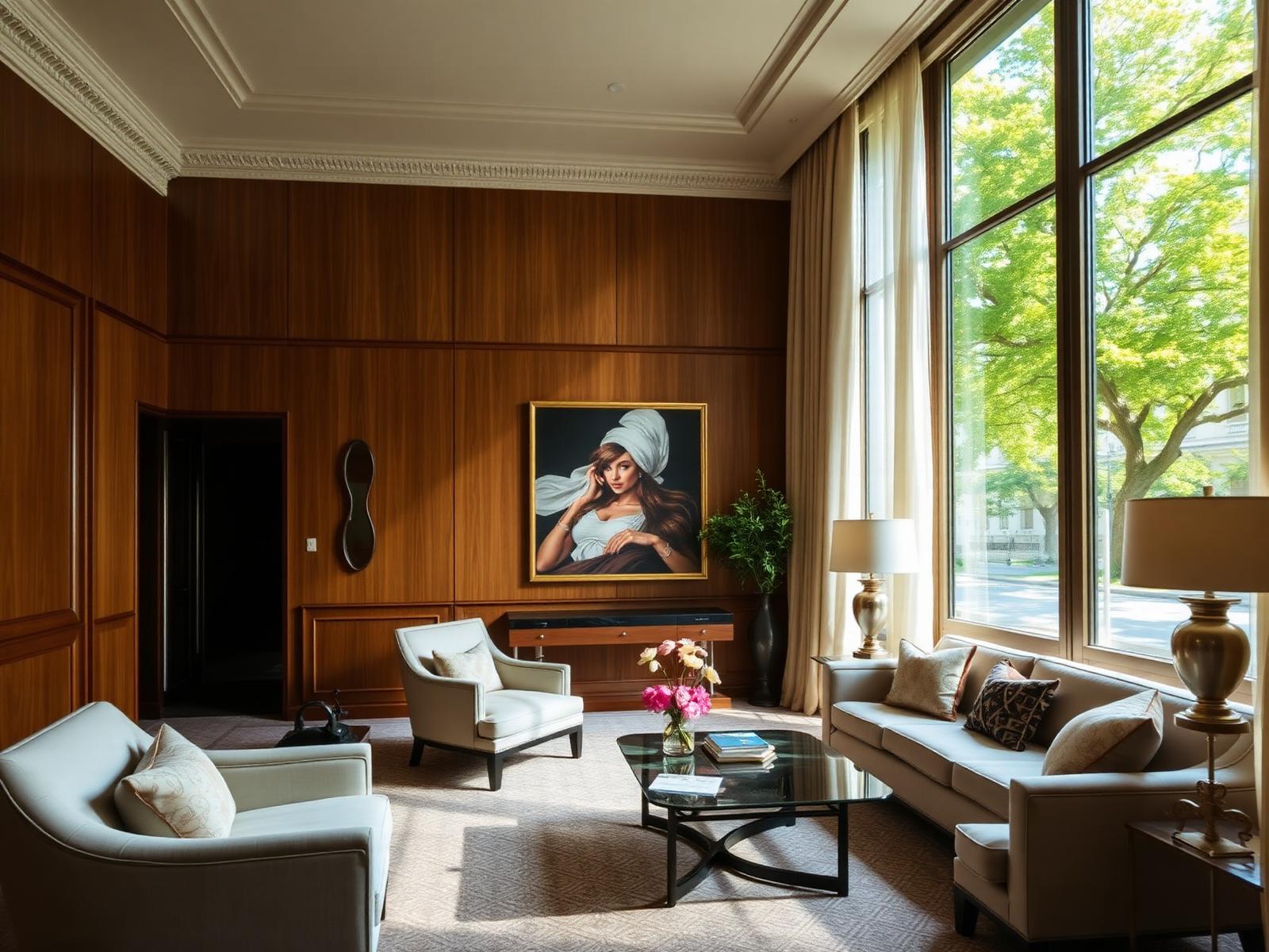 Madrid mansion hotel salon with walnut panelling, tall windows onto a leafy boulevard and Spanish art