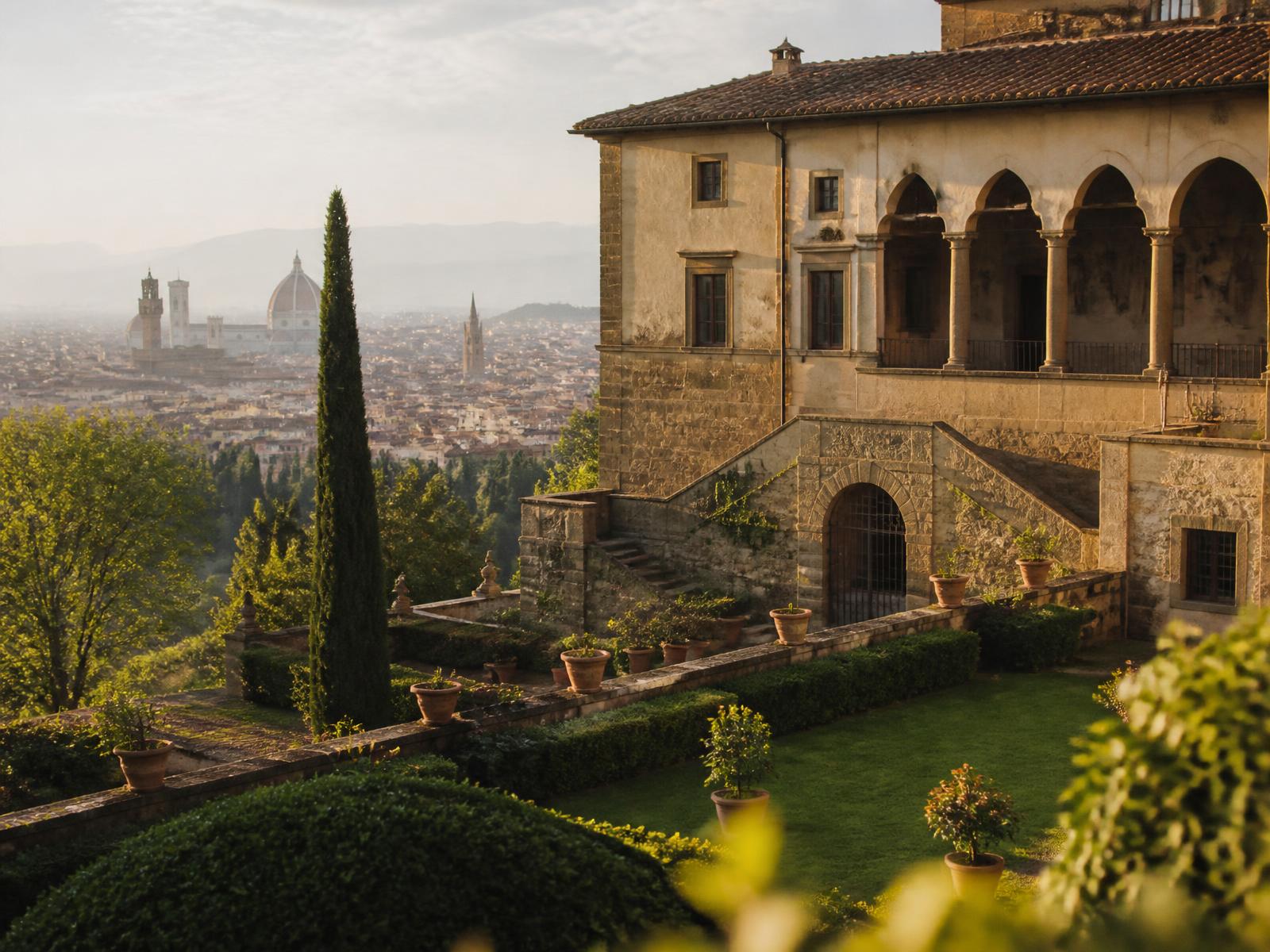 Renaissance monastery villa with arched loggia and formal garden overlooking hazy Florence rooftops