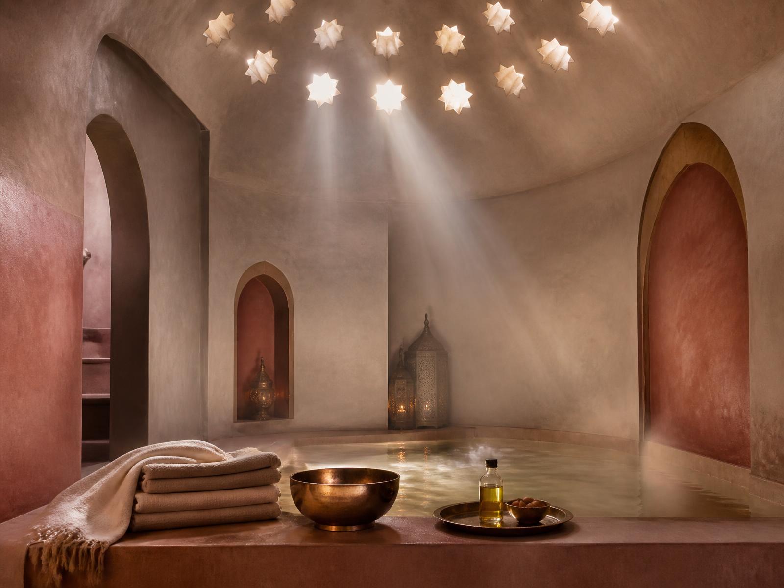 A traditional Moroccan hammam with warm tadelakt walls, a domed ceiling pierced by star-shaped skylights casting shafts of light through steam, brass bowl and argan oil