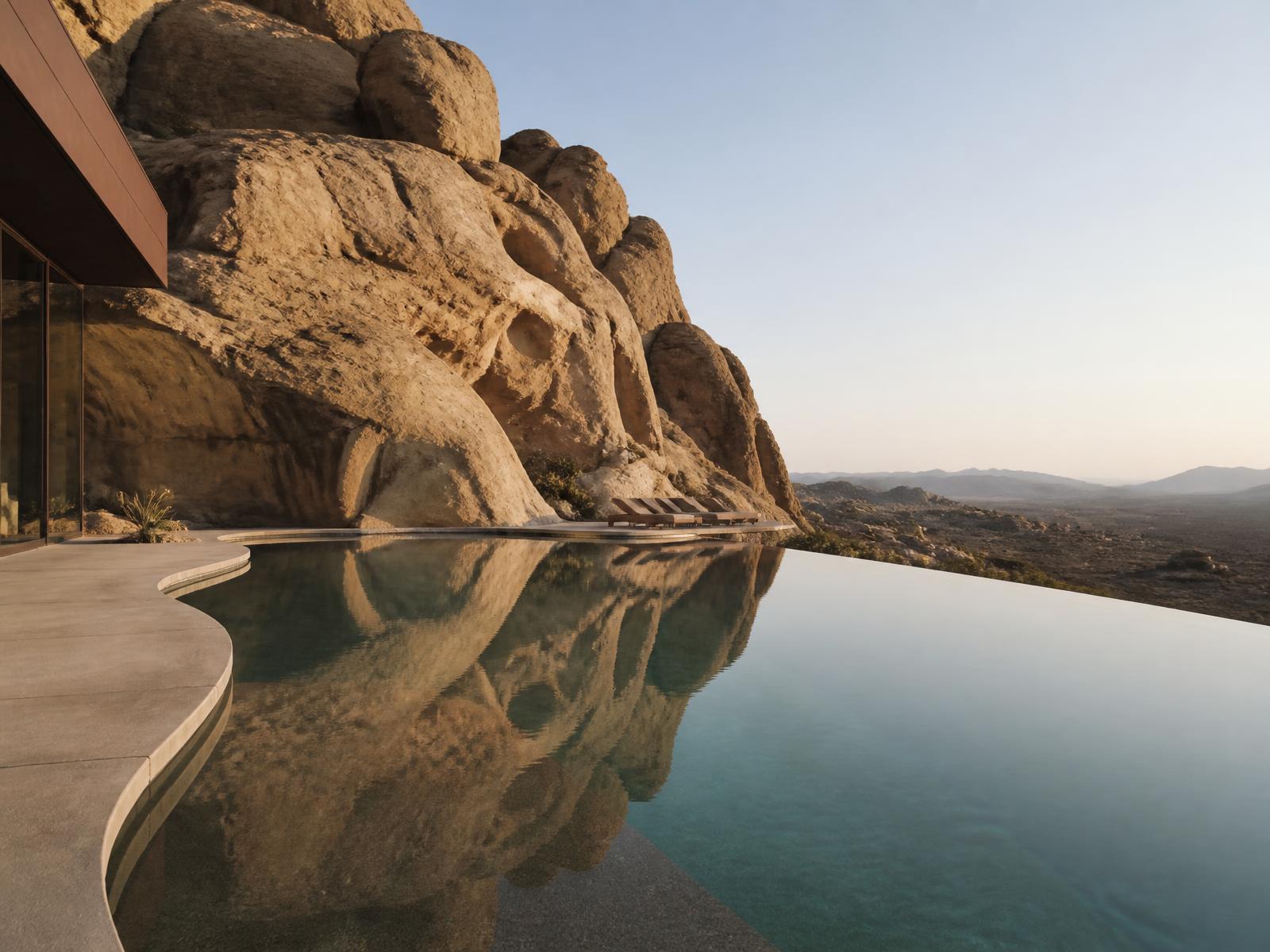 Still swimming pool wrapping around a large natural sandstone rock formation with the desert beyond in morning light