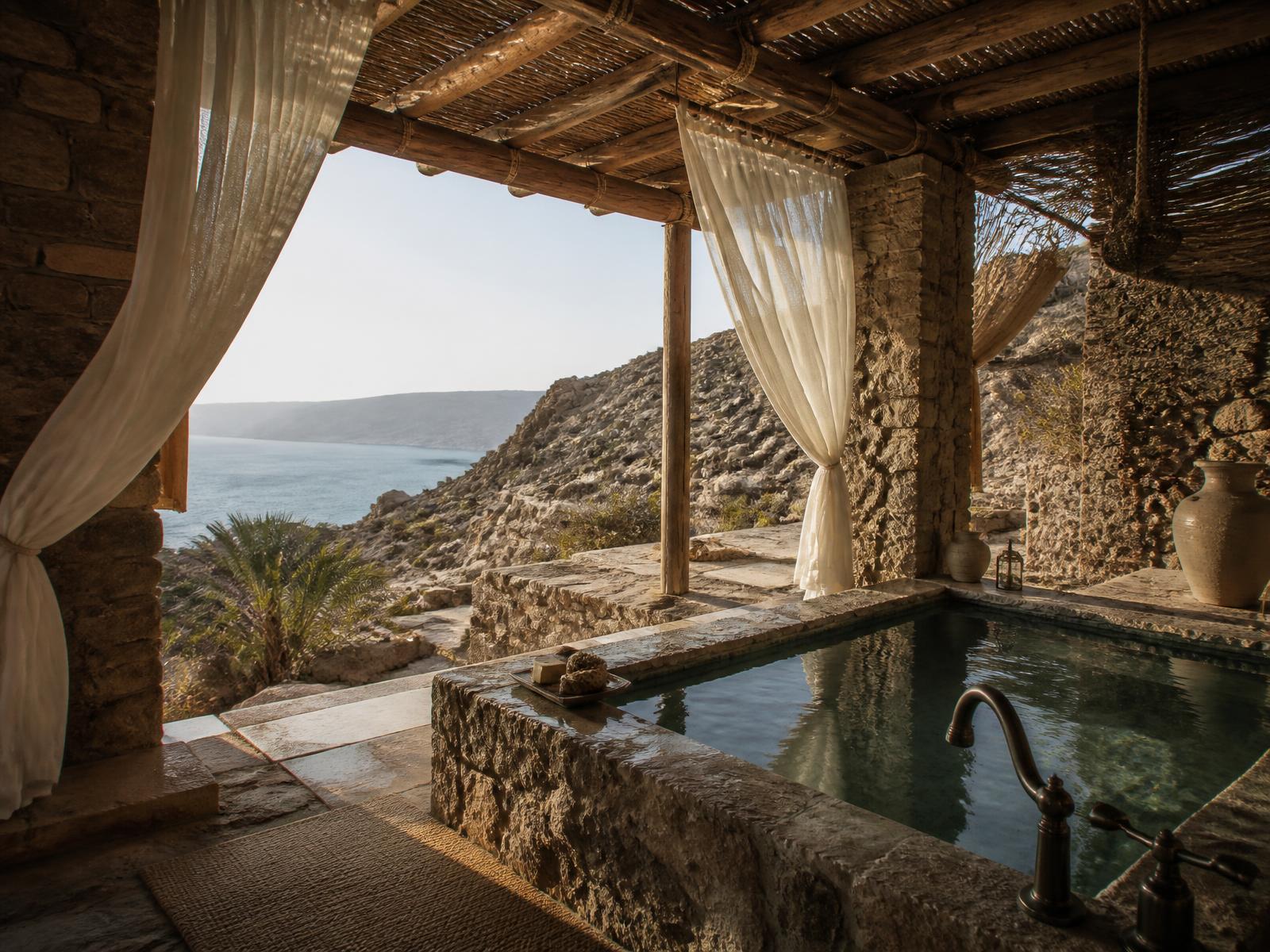 Open-air spa pavilion of natural stone and palm wood built into a rocky Omani mountainside, with linen curtains, a stone bathing pool and a view over the bay