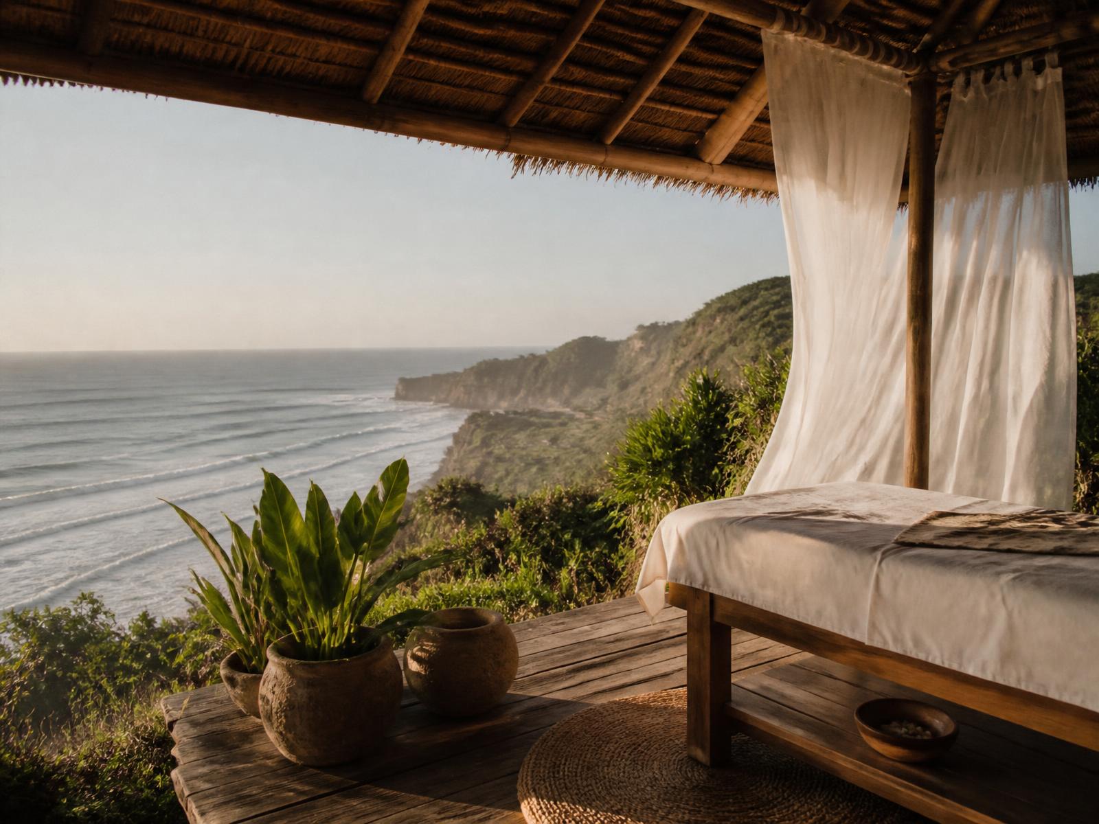 Open-air clifftop spa pavilion in Sumba with a simple massage bed under a thatched roof, white linen moving in the sea breeze and the Indian Ocean far below