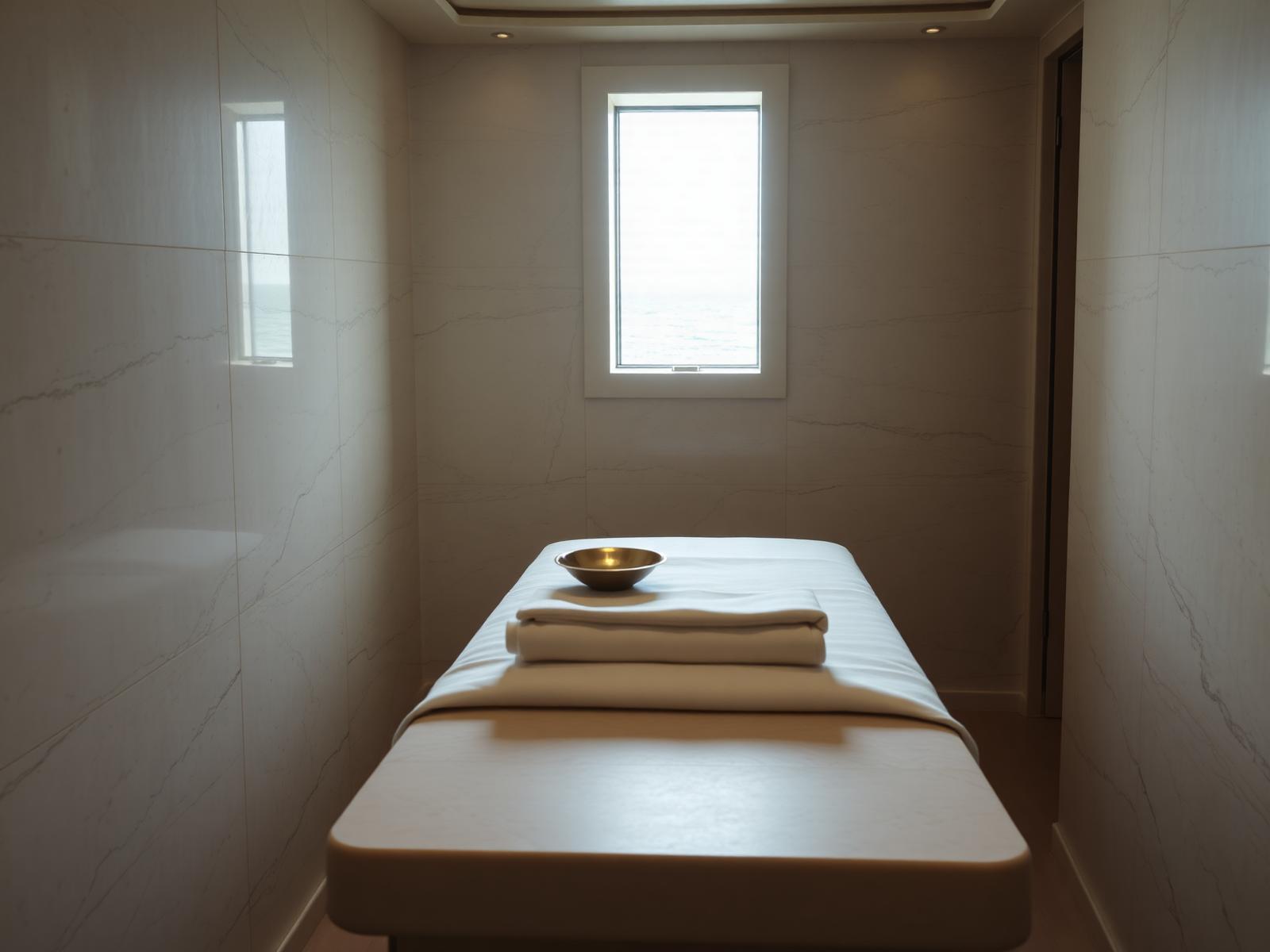 Calm onboard spa room in warm travertine with a stone treatment bed, folded linen and sea light through a narrow window
