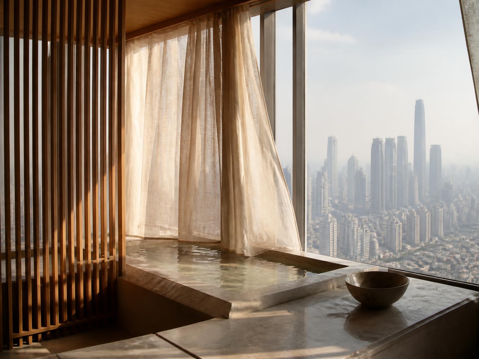 Urban spa sanctuary above a hazy skyline with a pale stone bathing pool, warm oak slatted screens, linen curtains and morning light