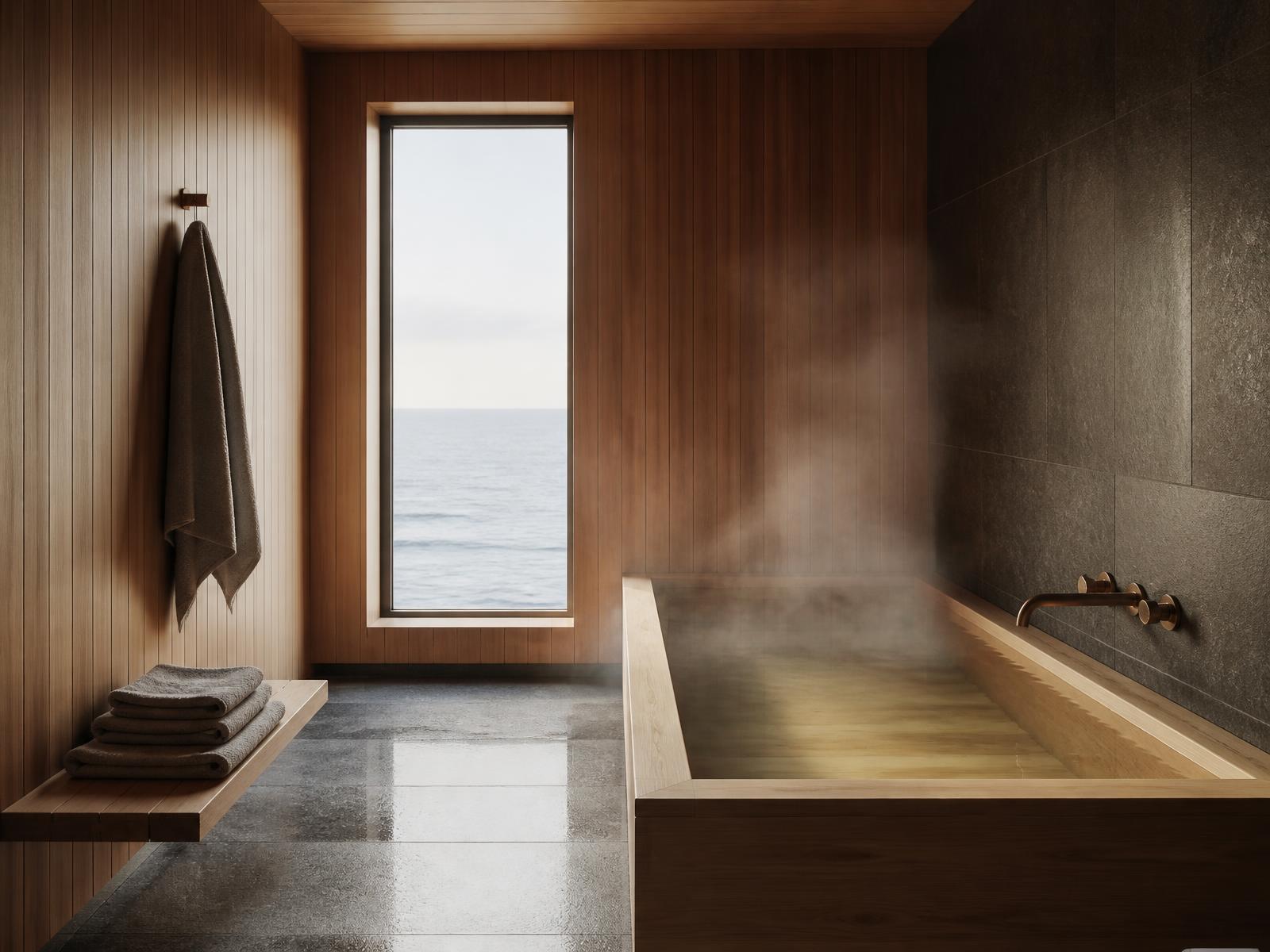 Minimalist onboard spa with a hinoki soaking bath, stone floor, folded grey linen and a narrow window of sea light