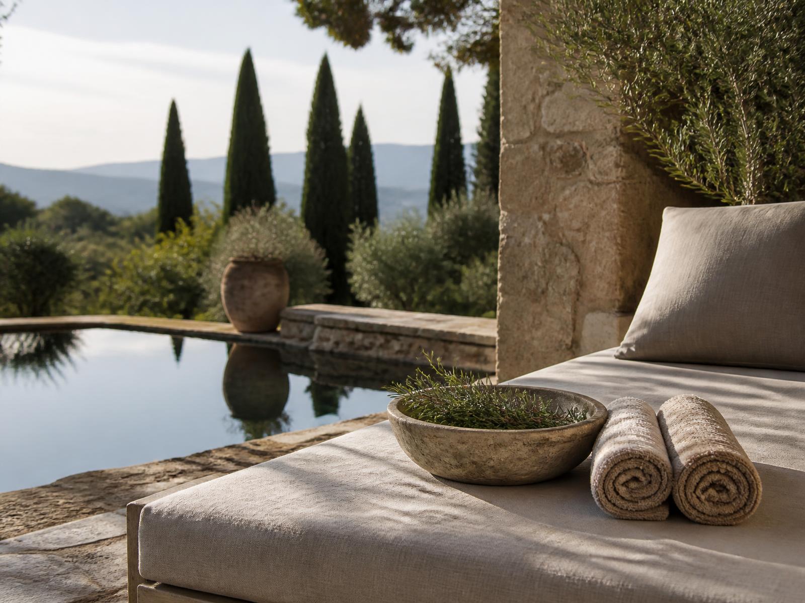 Quiet stone spa terrace in a Tuscan garden with a linen daybed, rolled towels and still water reflecting cypress trees
