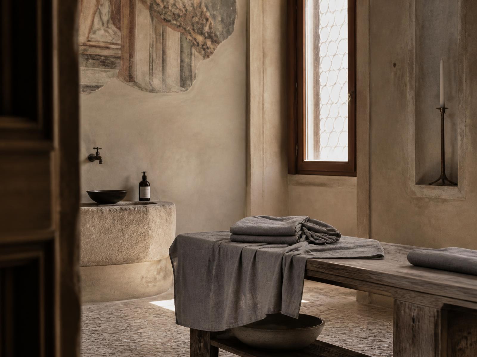 Calm palazzo treatment room with lime plaster walls, a stone basin, timber bench and folded grey linen