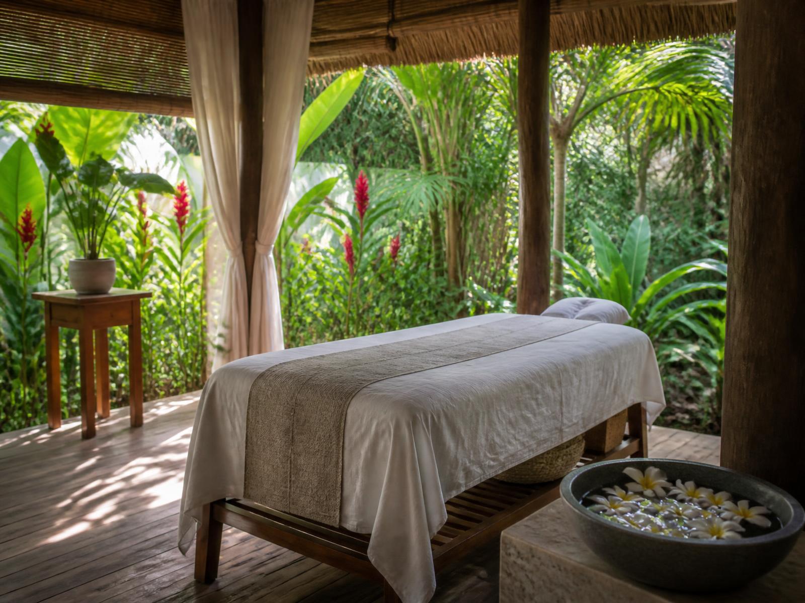 Open-air spa treatment pavilion with a thatched roof, timber floor, white linen bed and a tropical garden in dappled light
