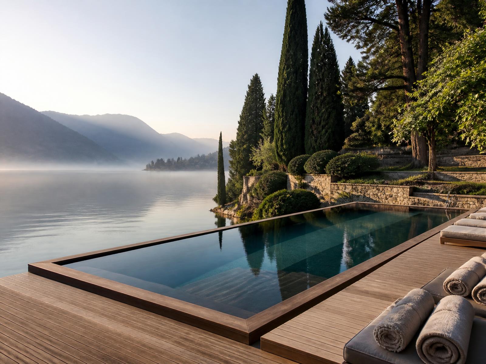 Floating pool on Lake Como beside wellness gardens with teak deck, rolled linen towels, cypress trees and mountains in morning mist