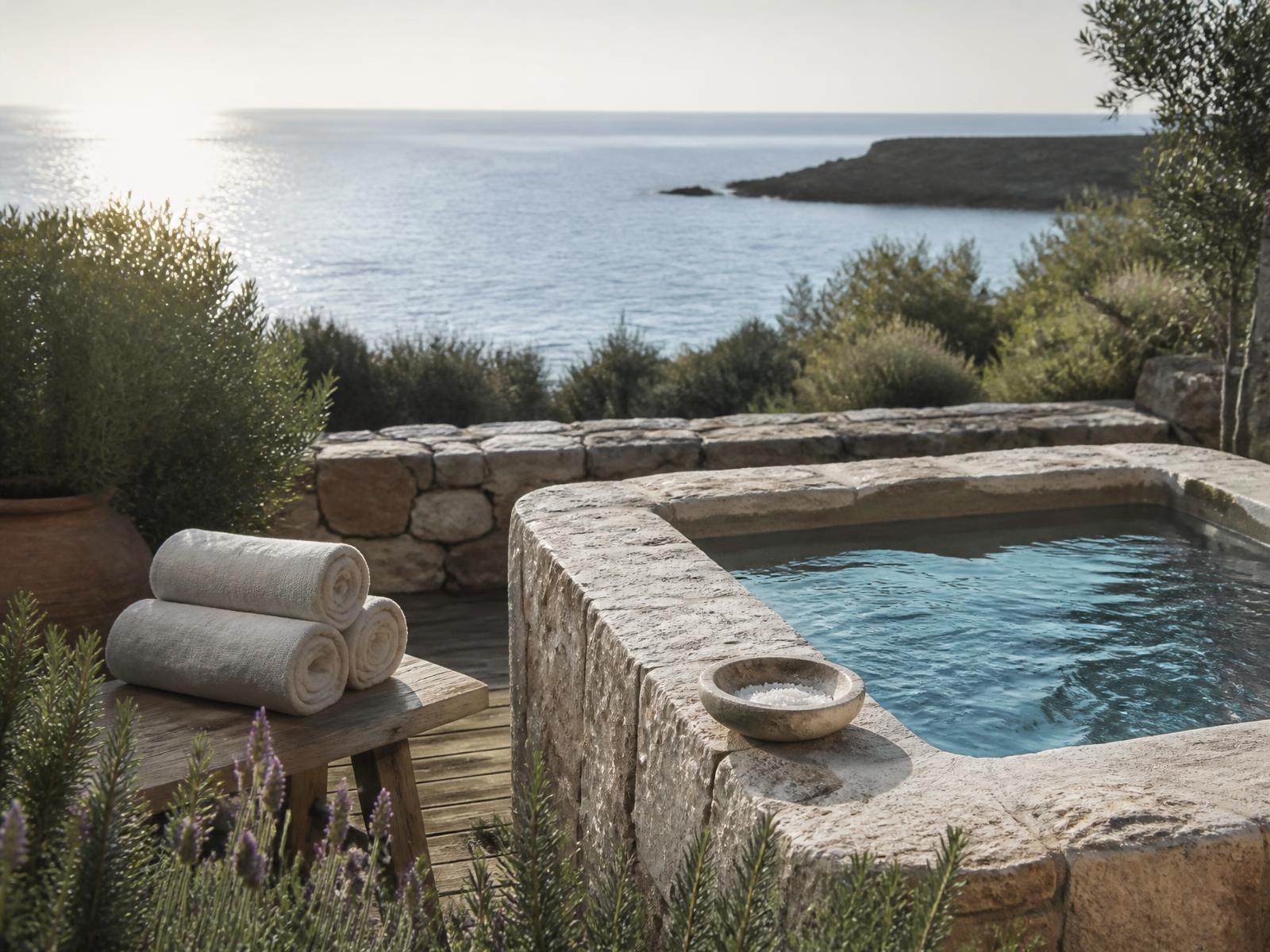 Minimal Mediterranean spa terrace with a stone cold plunge pool, rolled linen towels, rosemary and lavender above the sea at morning