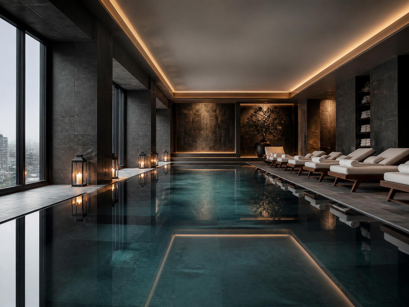 Serene indoor swimming pool in a dark stone urban spa with bronze detailing, lanterns and still water reflecting warm light