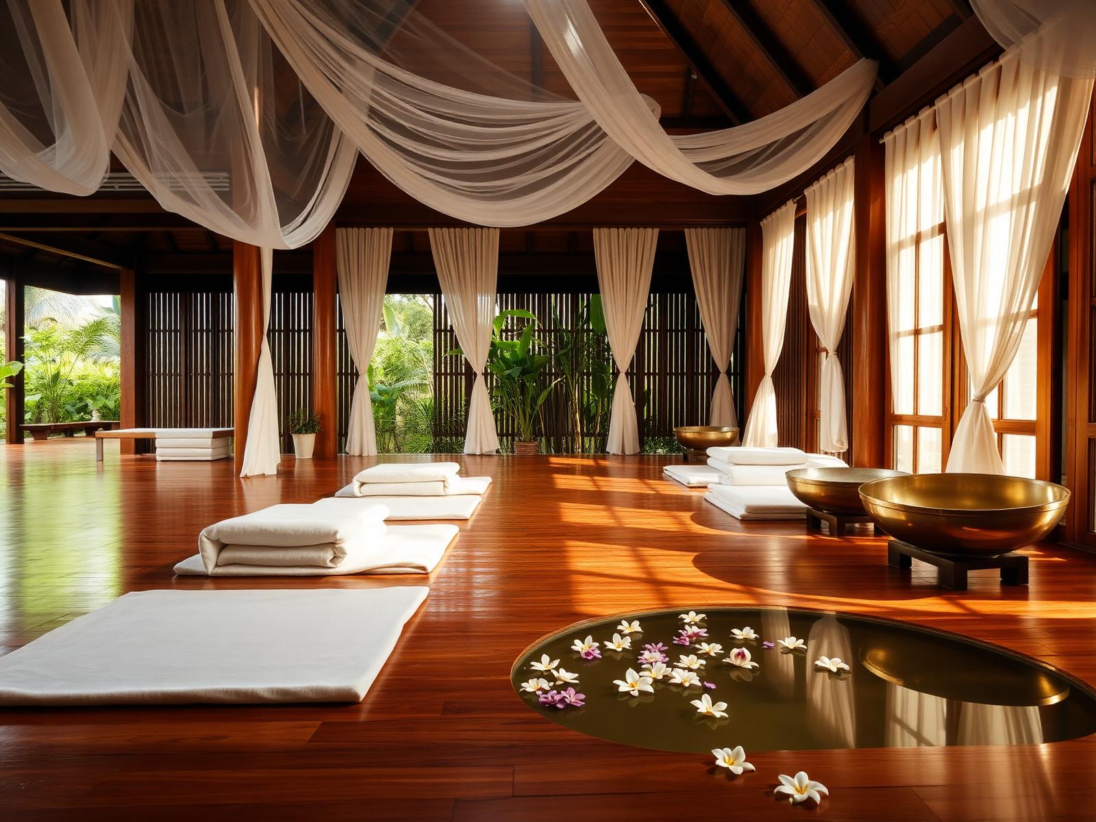 Teak spa pavilion in a tropical Bangkok garden with a treatment bed, folded white towels, frangipani flowers and soft morning light through palms