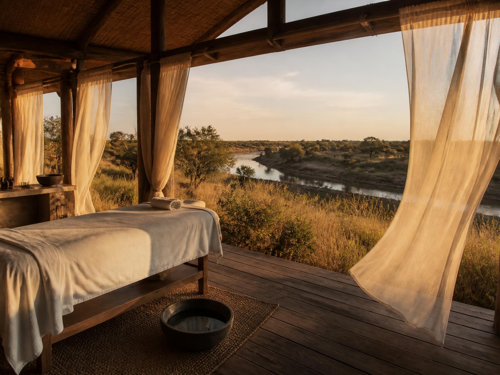 Open-air safari spa pavilion with timber deck, linen curtains moving in the wind, a simple massage bed and a view over golden savannah and a river