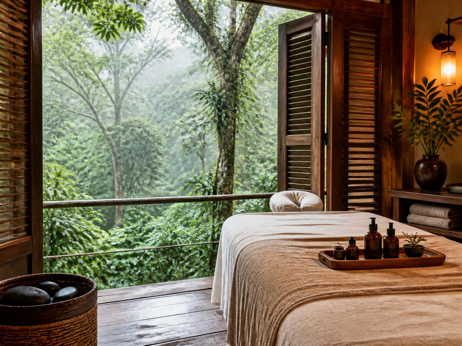 Timber spa pavilion open onto misty Rwandan rainforest with warm volcanic stones in a woven basket, folded linen and botanical oils