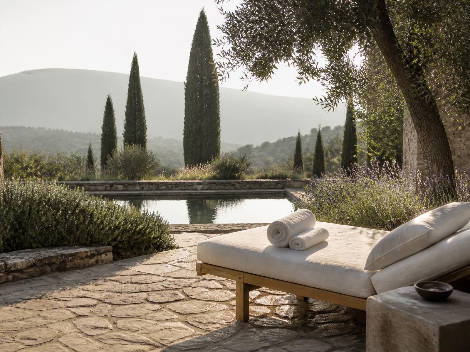 Quiet Tuscan spa garden with a linen daybed on a stone terrace, lavender and rosemary, still water reflecting cypress trees in morning light