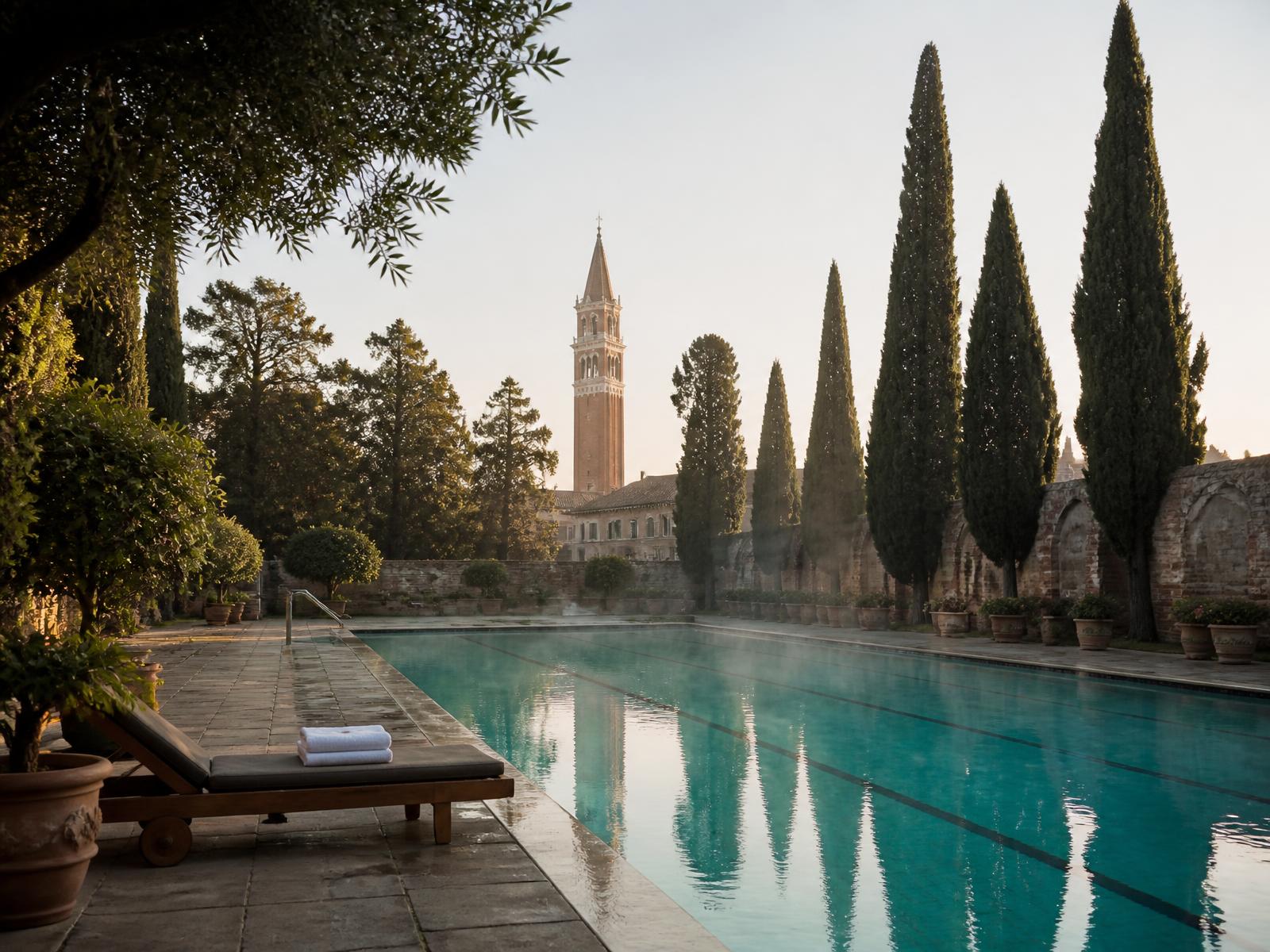 Large swimming pool in a walled Venetian garden at early morning with cypress trees, folded towels and a brick campanile beyond